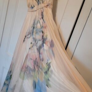 LADIES SIZE MEDIUM FLORAL FLOWY SHEER SHORT SLEEVE LONG DRESS PARTIALLY LINED EC